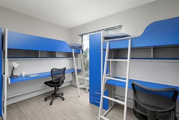 Two convertible loft beds with a bunk bed and desk for each student in a Standard Shared Bedroom at GEC Pearson student housing