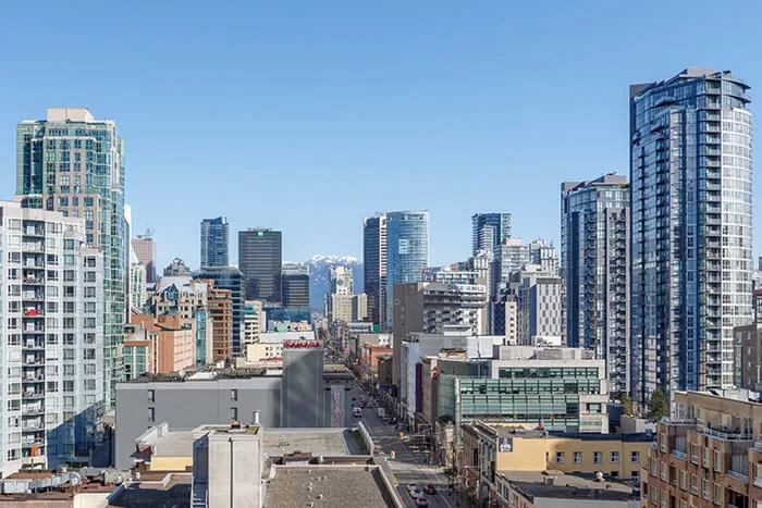 Downtown Vancouver GEC Granville Suites long term extended stays hotel has amazing view of North Shore Mountains and Granville Entertainment District