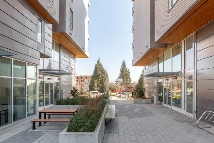 Entrance and outdoor area of GEC Pearson student residence building in Vancouver