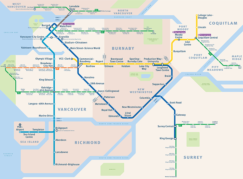 Skytrain Public Transit Map in Vancouver - Birdseye view graphic